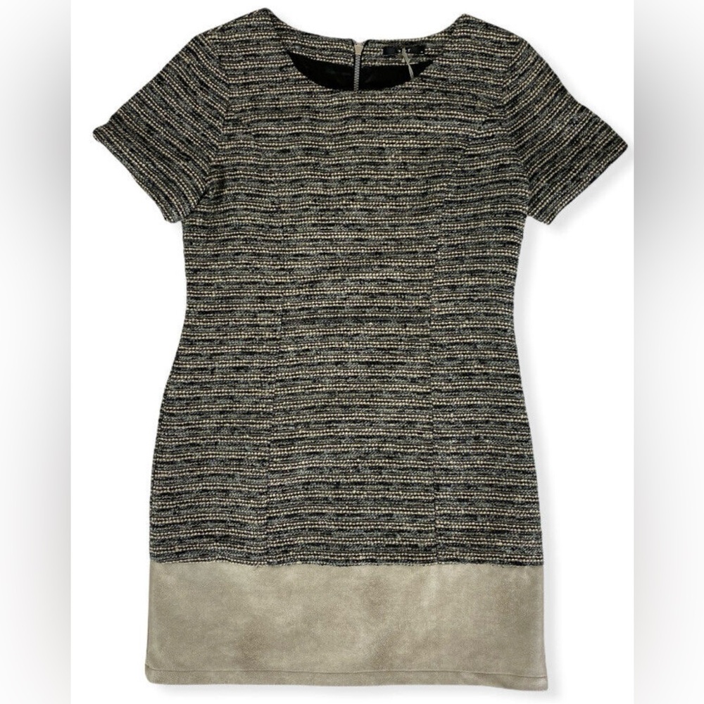NWOT TART COLLECTION DRESS BLACK WHITE TWEED GRAY FAUX LEATHER HEM XS